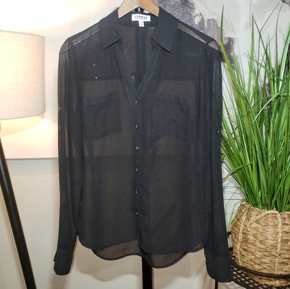 Express Tops - Express Portofino Women's Sheer Black Embellished Blouse